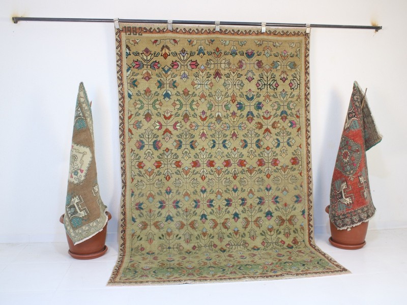 Vintage Hand Knotted Area Rug Green Beige Cream Distressed Wool Carpet 5x8 ft gallery