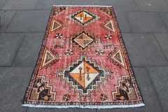 Vintage Worn Hand Made Traditional Oriental Wool Faded Red Rug 173x105cm