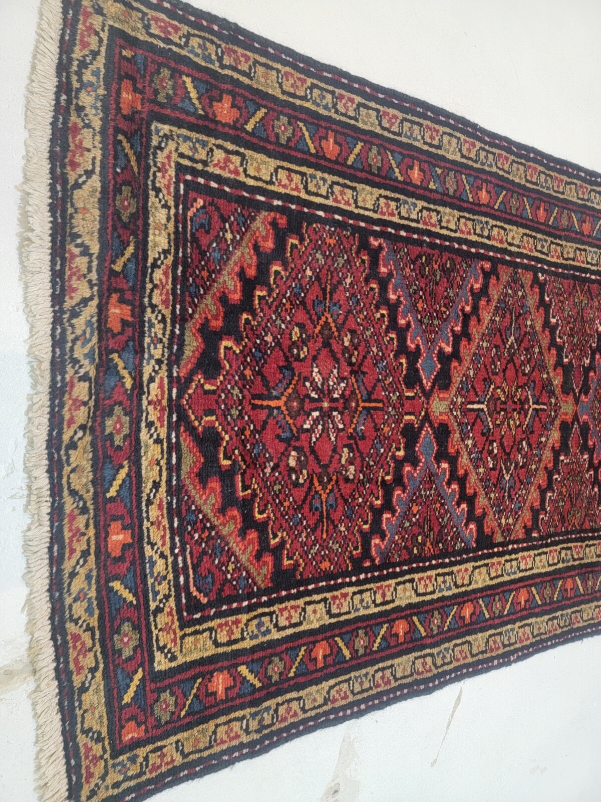 Antique Oriental Hand-Knotted Wool Runner Red/Beige/Black 3'3" x 9'7" gallery