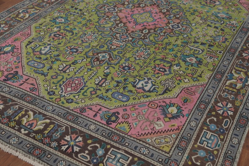 Green Geometric Wool Traditional Over-Dyed Handmade Dining Room Area Rug 6x9 gallery