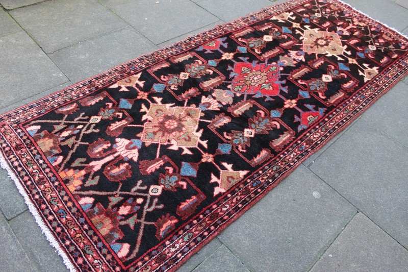 Vintage Hand Made Traditional Oriental Wool Black Red Long Rug Runner 288x110cm gallery
