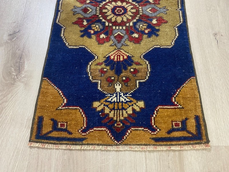 Vintage Turkish Hand Knotted Wool Runner Rug 1.3x2.6 Ft Blue Anatolian Rug gallery