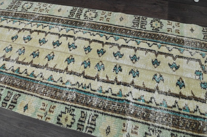Vintage Turkish Runner Rug 2x7ft BEIGE Handmade Anatolian Oushak Hallway Wool gallery