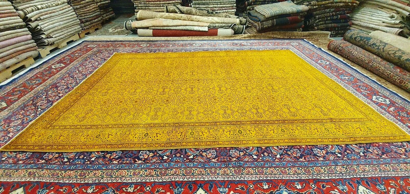 Antique 1930-1940's Distressed Wool Pile Saffron Orange Oushak Rug 6'2" x 9'6" gallery