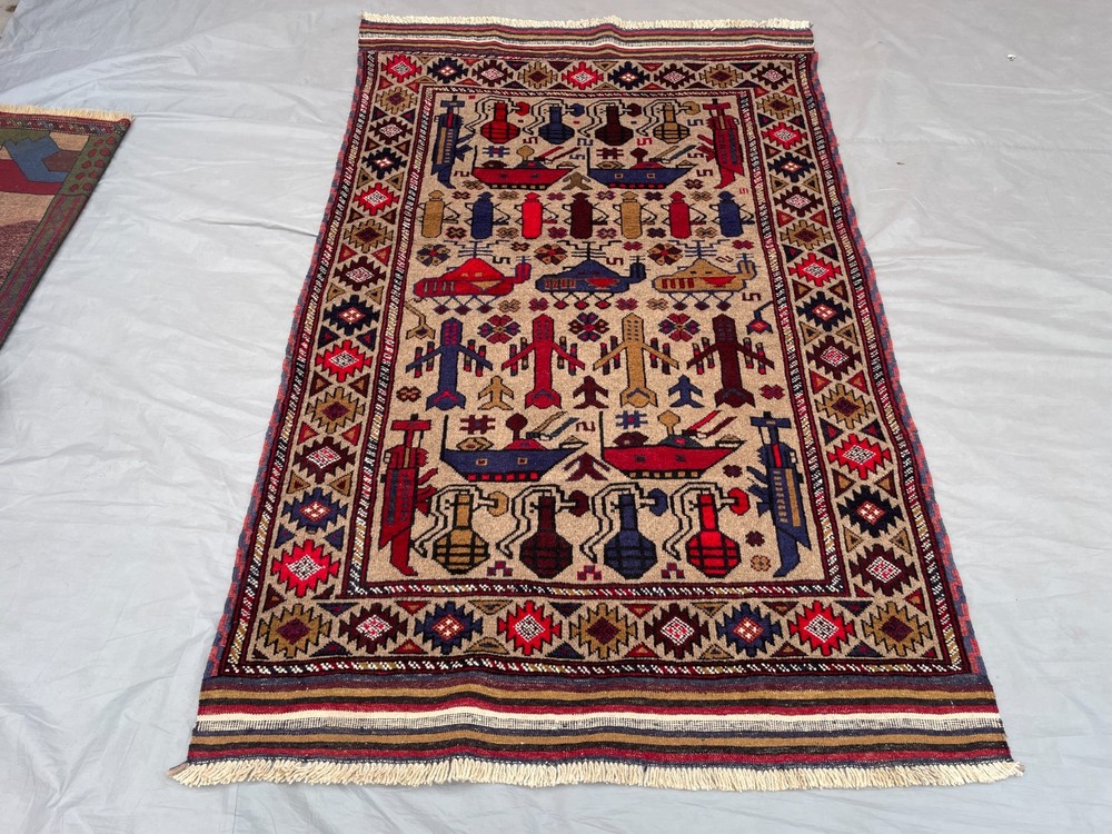 3'11x6'2 Ft Vintage Afghan War Rug Tank Helicopter Handwoven Kilim Rug