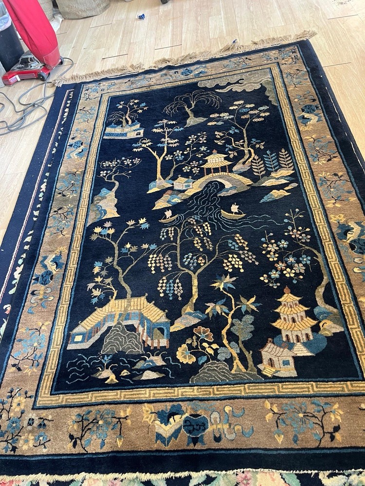 Antique Chinese Art Deco Rug – 5’1” x 7’10” – Circa 1920s – Wool Pictorial Blue