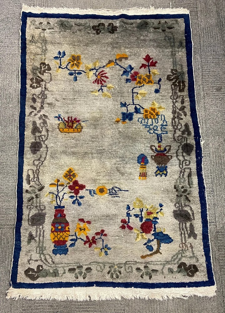 Ornate & Gorgeous 3' 1" x 4' 10" Gray & Blue Chinese Art Deco Rug, circa 1920