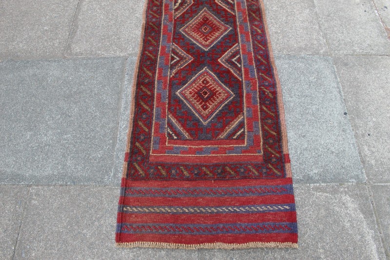 Vintage Hand Made Afghan Mushvani Oriental Red Blue Wool Narrow Runner 245x60cm gallery