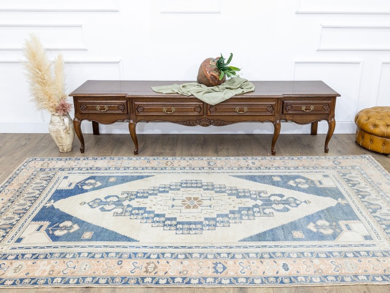 Vintage Handmade Turkish Oushak Wool Rug 5'1" × 9'10" ft – Indigo Earth Tone gallery