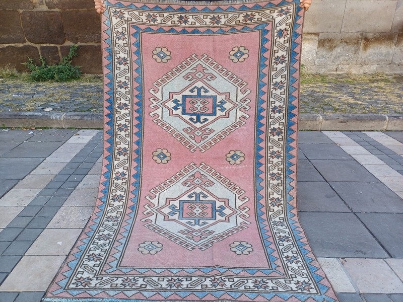 Vintage pink blue Area Rug 4.04 x 6.23 ft , 4x6 Handmade Wool Rug 123 x 190 cm gallery