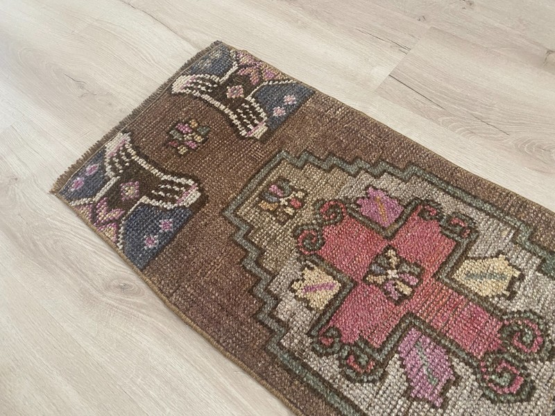 Brown Turkish Runner Rug Handmade Vintage Wool Hallway Rug 1.3x3.5 Ft gallery