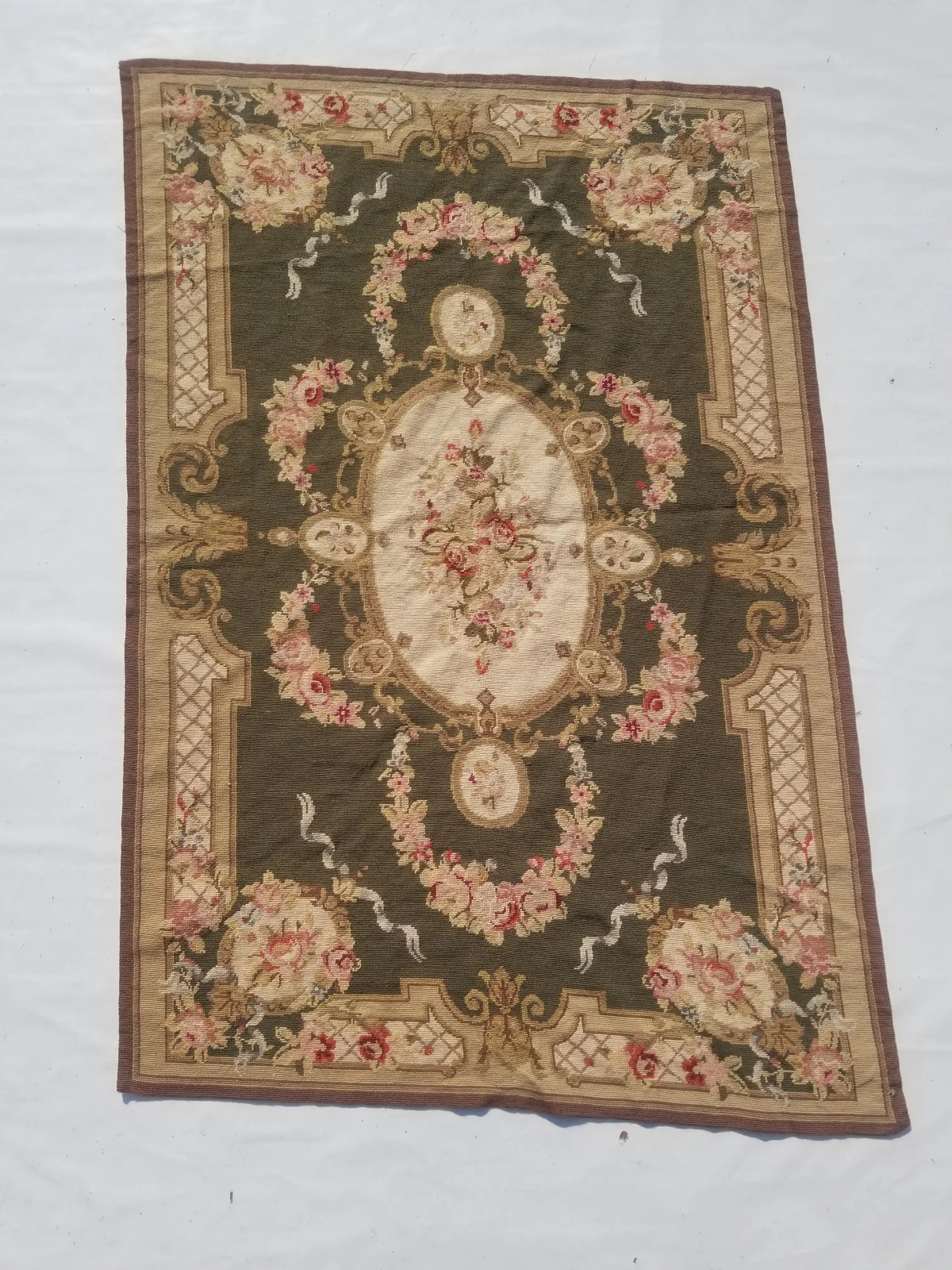 Vintage French Handwoven Floral Multicolor Wool Rug Carpet 5.7x3.8ft gallery