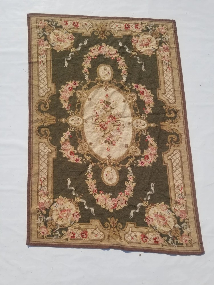 Vintage French Handwoven Floral Multicolor Wool Rug Carpet 5.7x3.8ft