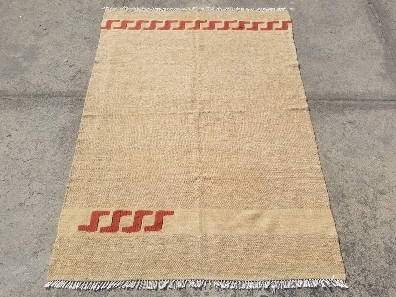 Vintage Traditional Handmade Oriental Wool Beige Kilim 7x5.1ft gallery