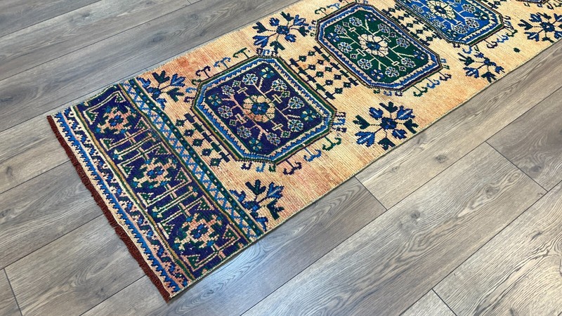 2.6 x 9.6 ft Yellow Rug, Blue Rug, Handmade Runner Rug, Oushak Runner Rug gallery
