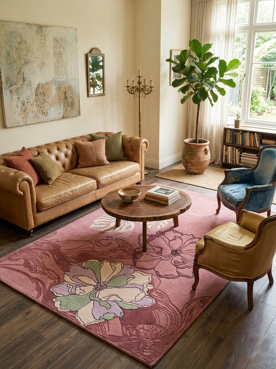 pink floral rug botanical rug modern floral rug dusty rose rug feminine area rug gallery
