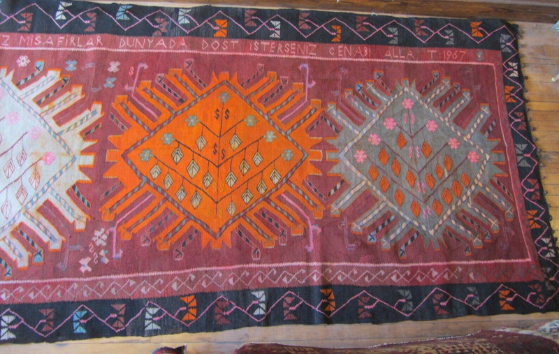Turkish Kilim Rug Large 5'3" x 11' Woven Text Dated 1967 Banquet? Yoruk? Rare gallery