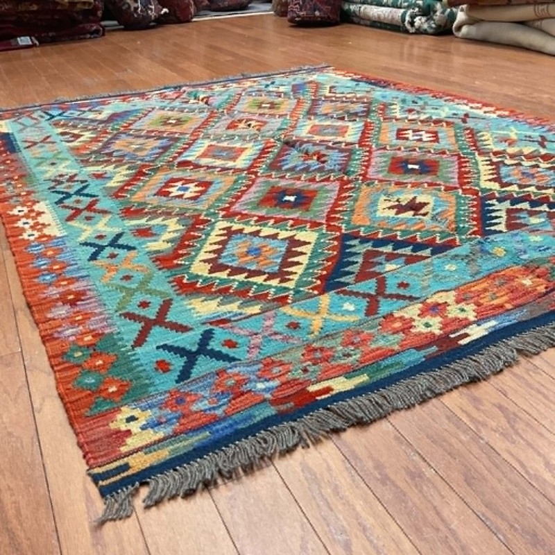 Afghan Hand-woven Mimana Kilim 100% Wool Area Rug (6'7" x 4'11") gallery