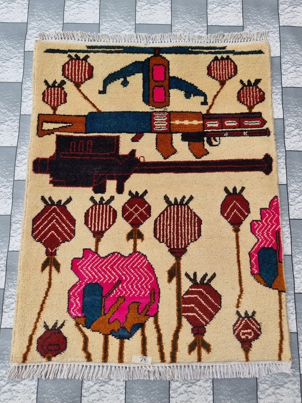 Afghan Hand Opium Flower War Rug Tribal Wool With Knotted Wall Hanging Rug gallery