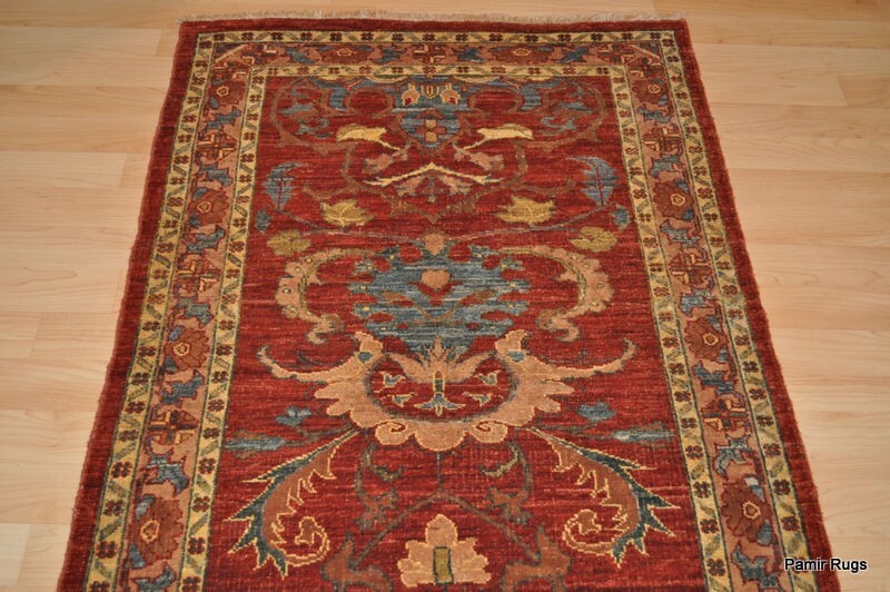 8 FT. NATURAL DYE FLORAL design rust, cream & Blue. HANDMADE chobi rug. gallery