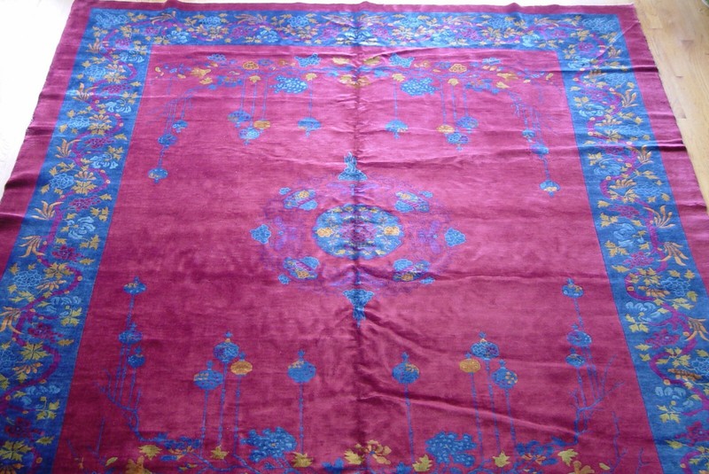 Antique Chinese Art Deco Peking Hand Knotted Wool Blue Red Oriental Rug 9'x11'6" gallery