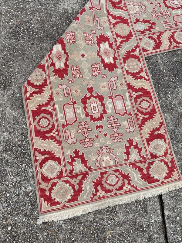 Vintage Turkish Oushak Rug Runner Handmade Wool 10.2 X 2.7ftRed Beige White Pink gallery
