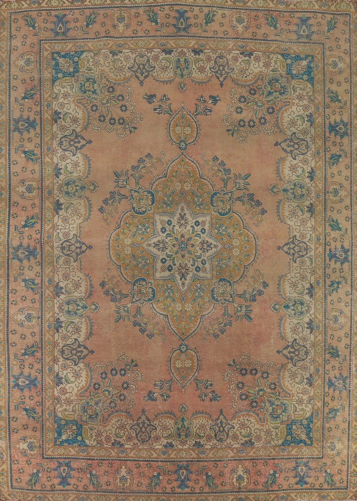Vintage Muted Rust Handmade Wool Tebriz Traditional Living Room Area Rug 10x13