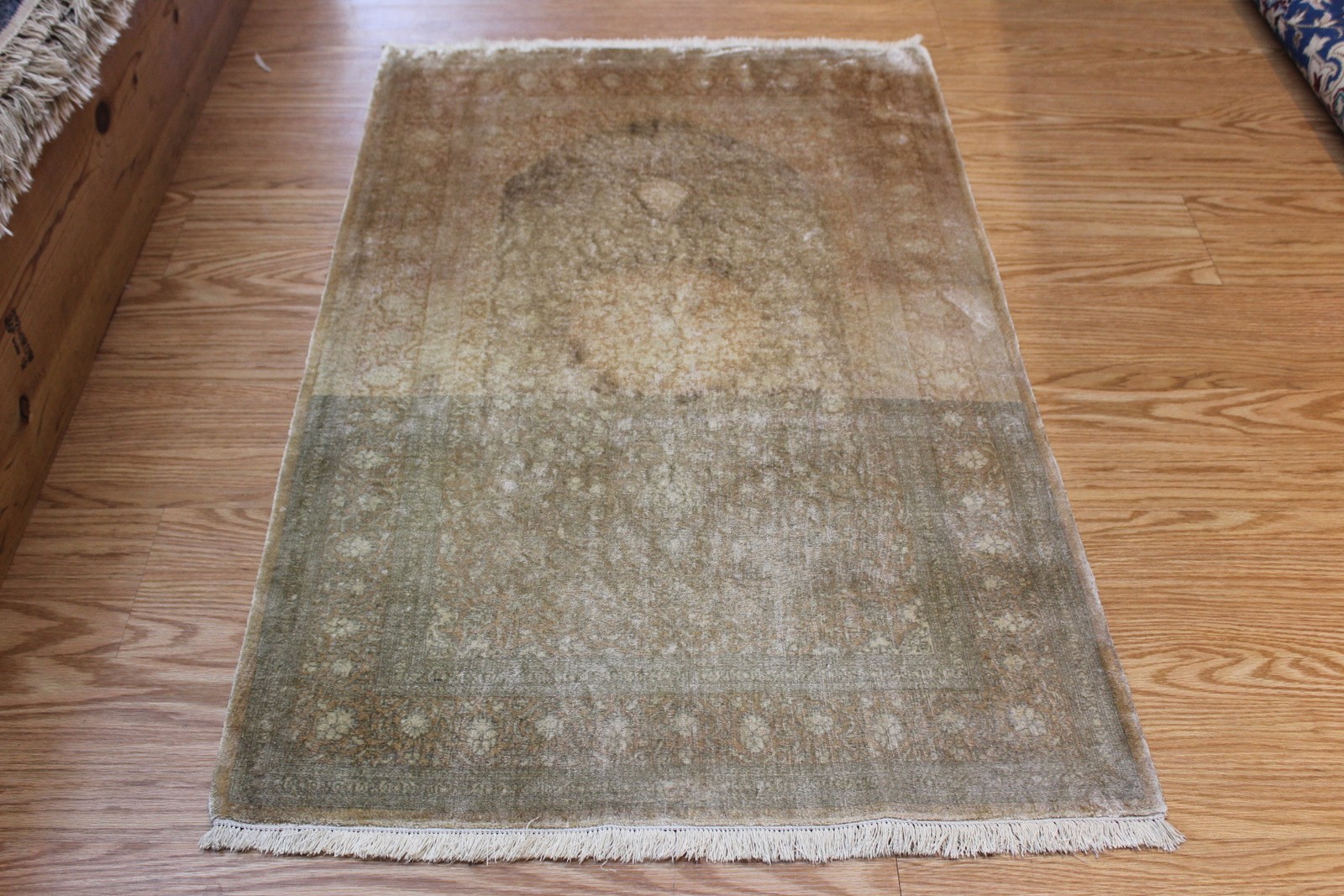 AUTHENTIC SILK RUG, Antique 4' x 2'6" Natural Silk muted color matches Herke gallery