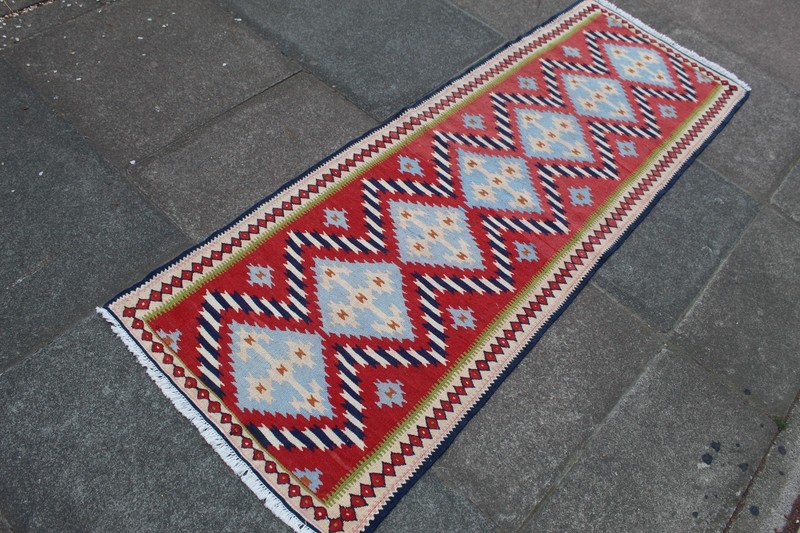 Fine Vintage Traditional Hand Made Oriental Wool Red Short kilim Runner 189x63cm gallery