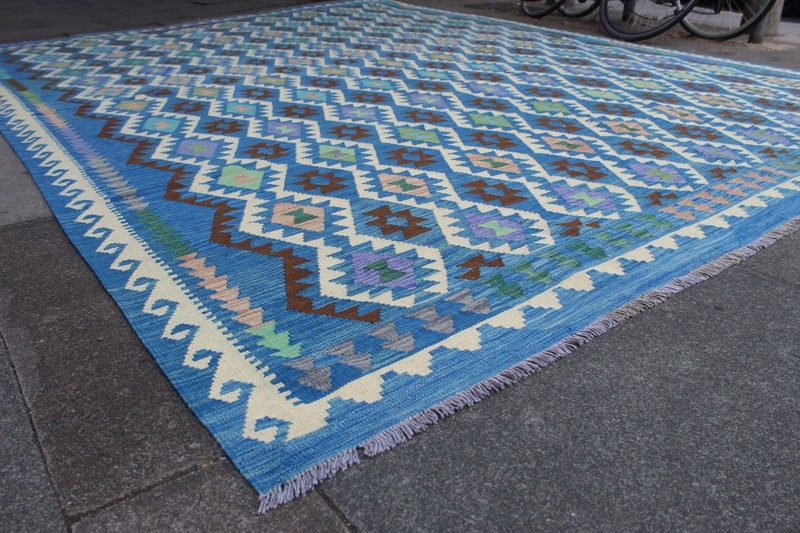 Kilim Vintage Traditional Hand Made Oriental Blue Wool Large Kilim 400x310cm gallery