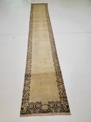 Antique Oriental Hand-Knotted Wool Runner Ivory/Black/Brown 2’3″ x 13′