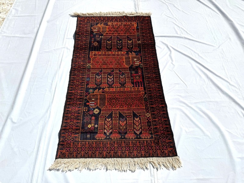 3x5 ft Afghan Hand Knotted Vintage Area Rug Baluchi Pictorial Animal Lion Carpet gallery