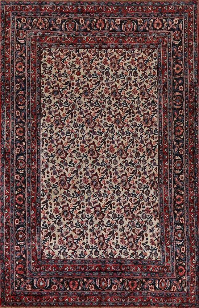 Vintage Ivory Area Rug 7x10 Vegetable Dye Traditional All-Over Hand-knotted Wool
