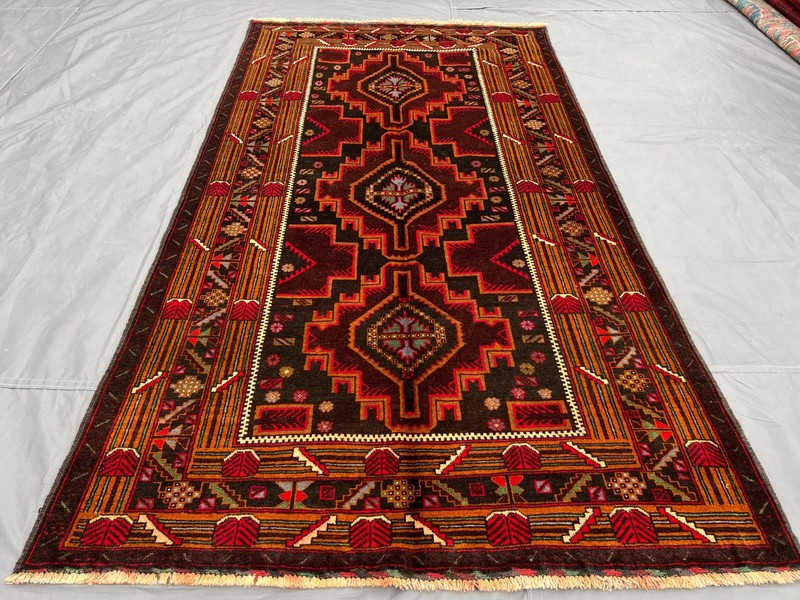 3'7x6'6 ft Vintage Afghan Baluchi Hand-Knotted Bold Geometric Red & Brown Rug gallery