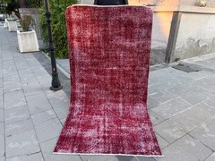 Overdyed Burgundy Wool Carpet 3.6×7.1 Ft Handmade Vintage Turkish Rug