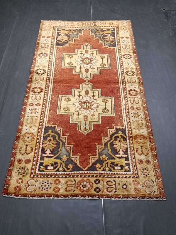 Vintage Turkish Red Beige Rug, 3.7x6.7ft, Antique Geometric Oriental Accent Rug, gallery