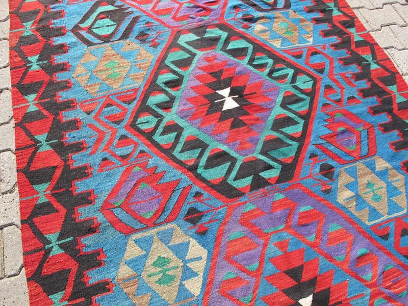 Vintage Turkish Kilim Rug Blue Handmade wool Vibrant Turquoise 1970s Rug Carpet gallery
