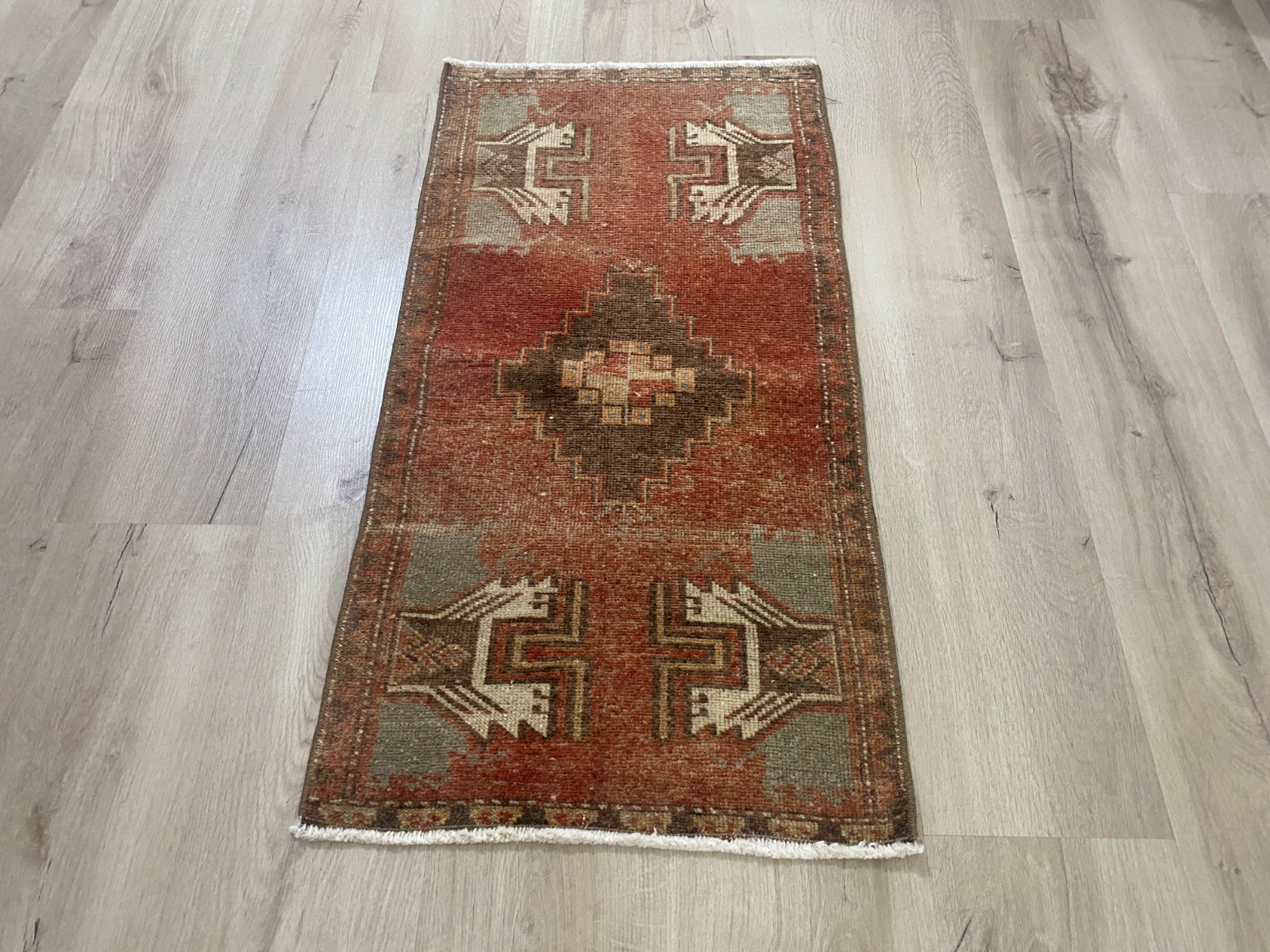 Vintage Turkish Small Wool Rug, Bohemian Oushak Doormat, 1.6 x 3.1 ft gallery