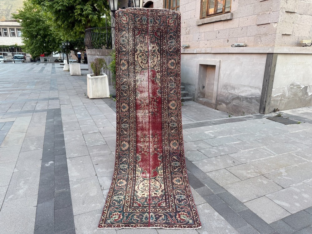 Vintage Red Turkish Runner Rug 2.8x9.7 Ft Handmade Wool Hallway Carpet Distresse
