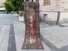 Vintage Red Turkish Runner Rug 2.8×9.7 Ft Handmade Wool Hallway Carpet Distresse
