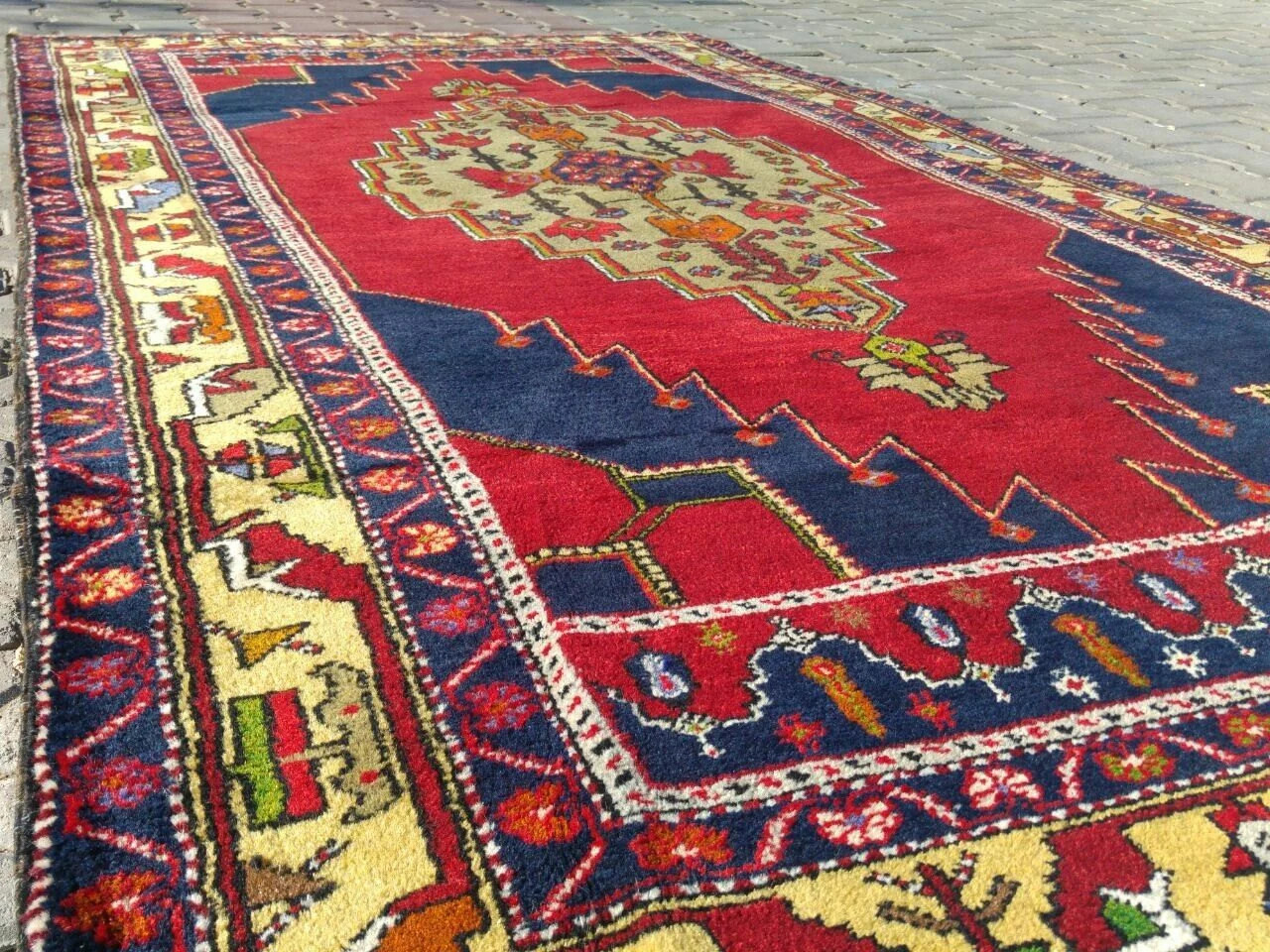 Antique Folk-Art 1930s Multi-Colored Wool Pile Dowry Rug Turkey 4’3”x 8’2” gallery