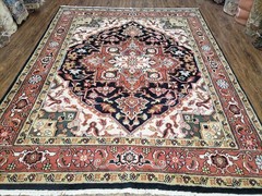 Vintage Indo Heriz Area Rug 8×10 Decorative Indian Rug Red Dark Blue Beige/Cream