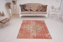 Vintage Rug 4×5, Turkish Handmade Wool Carpet, Boho Muted Look, 56