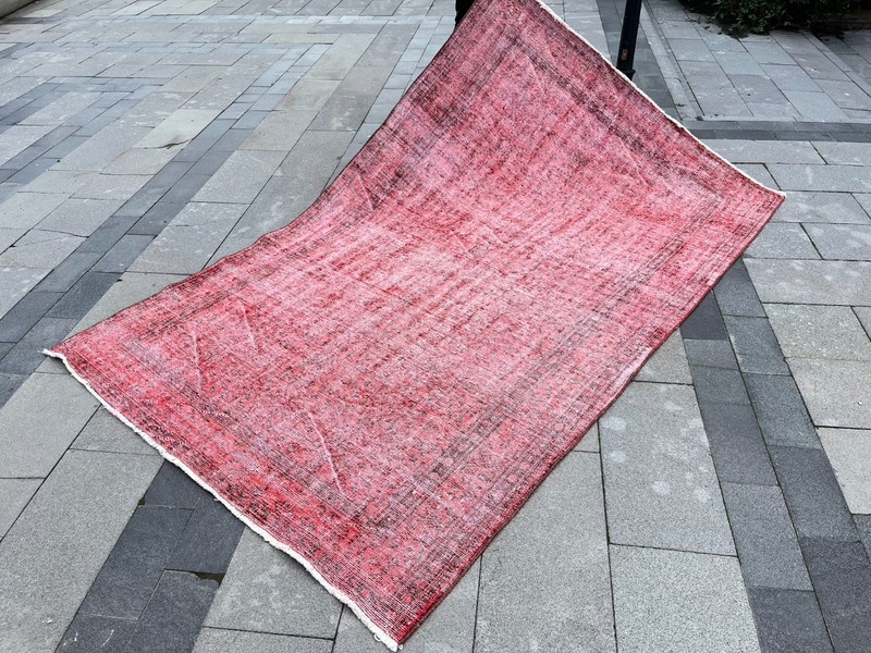 Overdyed Red Turkish Rug 5.3x8.5 ft Vintage Oushak Distressed Hand Knotted gallery