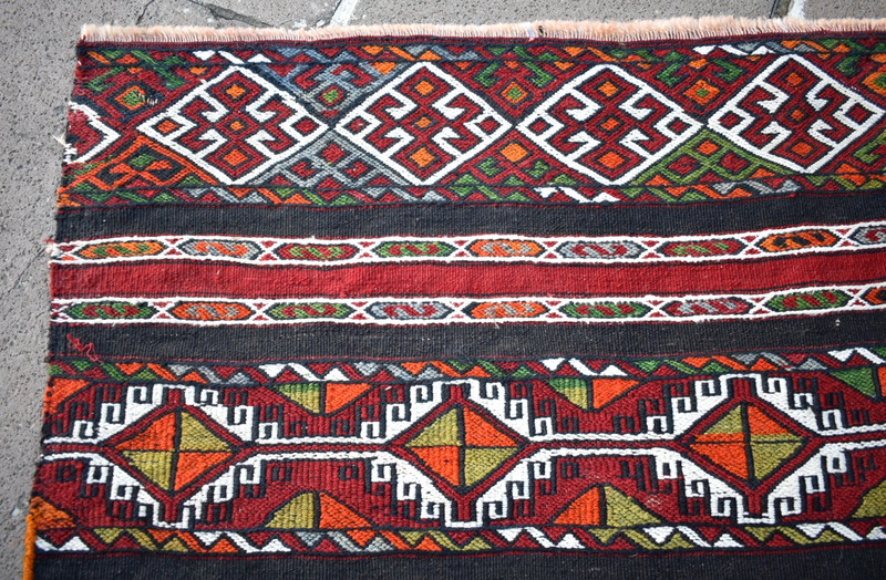 Vintage Turkish Rug 26'' x 43'' Rare Embroidered Woven Malatya Soumak Wool Rug gallery