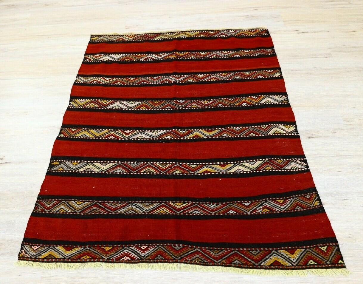Ethnic Cappadocia Red Kilim Area Rug Vintage Hand Knotted Wool Carpet 4.7x5.1 ft gallery