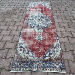 Brick Red Blue 2×7 Distressed Vintage Turkish Wool Oushak Runner-Tariff Free