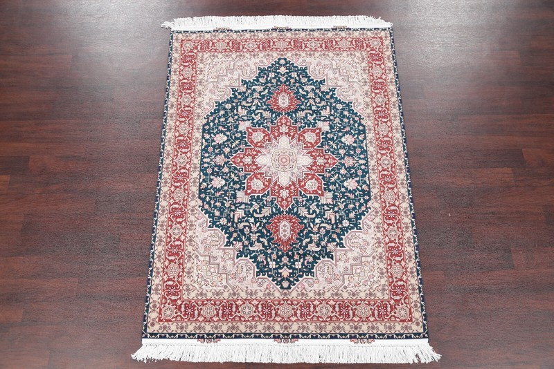 Geometric Dark Teal Green Tebriz Rug 5x7 Wool with Silk Highlight Handmade Rug gallery