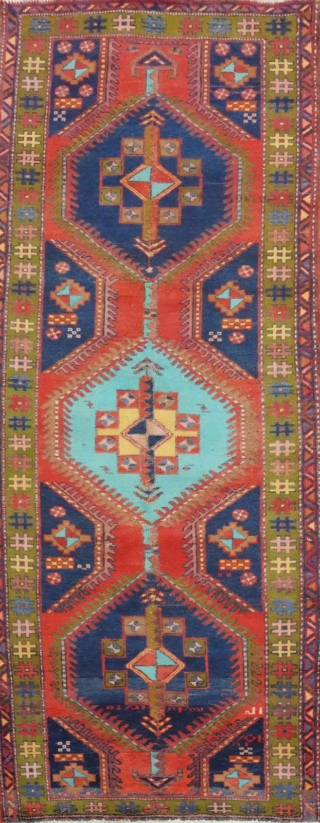 Vintage Geometric Rust Wool Hand-knotted 10 ft Runner Rug Tribal Carpet 4x10 gallery