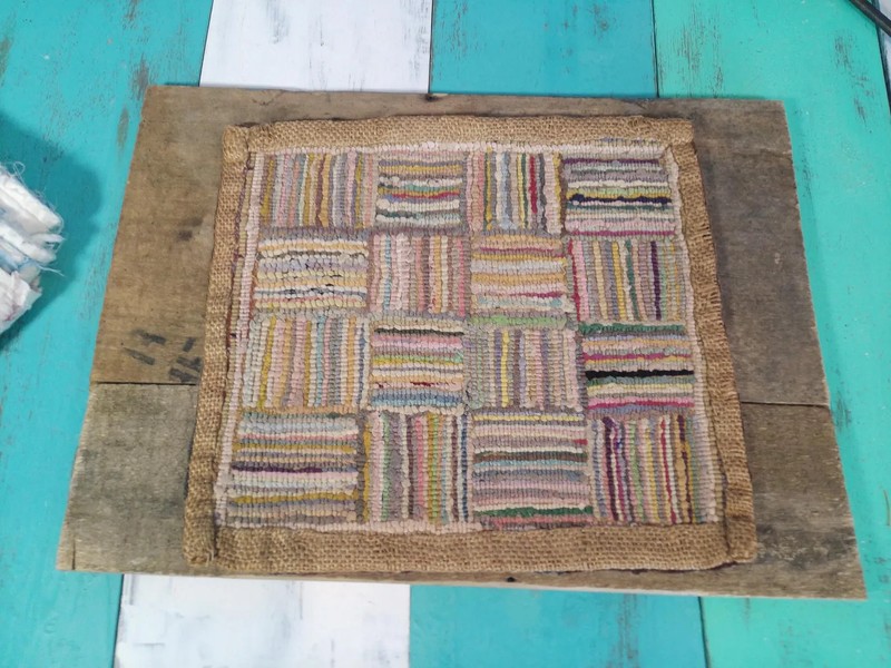 Vintage Miniature Hand Hooked Rag Rug on Burlap•Folk Art•Tabletop•Dollhouse Rug gallery